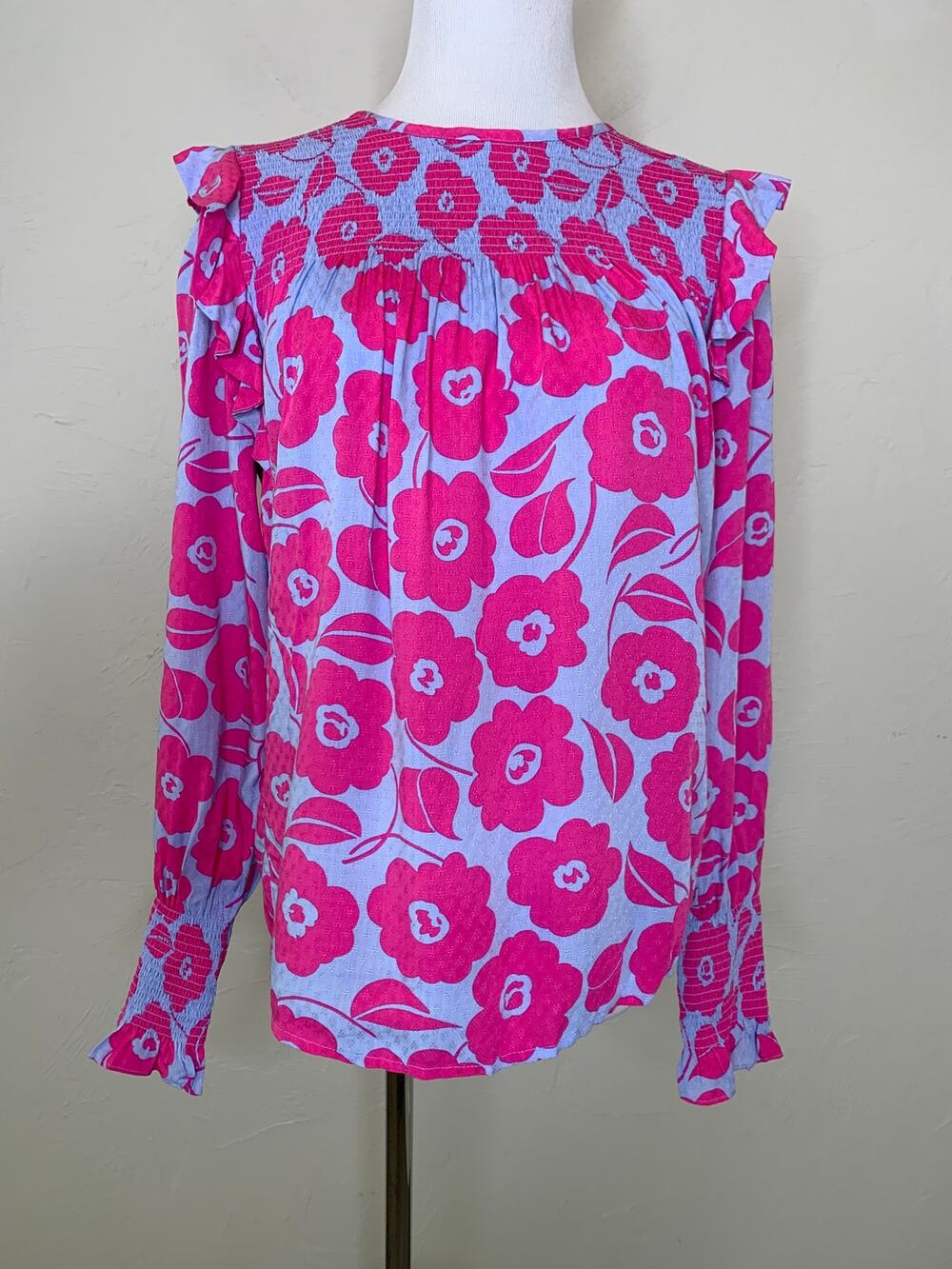 NWT Charter Club Pink Periwinkle Blue Mod Floral Blouse Sz XS